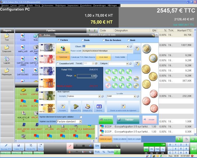 Interface MCS-Caisse avec fenêtre de règlement et touches tactiles.