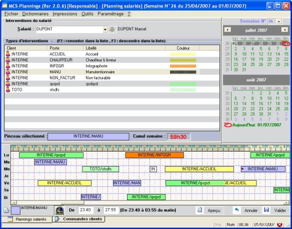 MCS-Planning : interventions hebdomadaires d’un salarié.